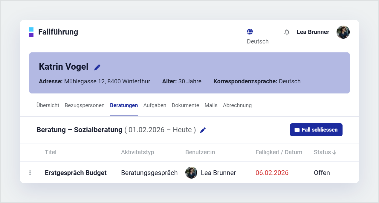 AKTAS Falldossier mit Personen-, Beratungs- und Falldaten